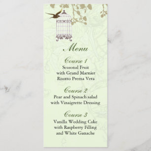 floral green bird cage, love birds Menu Cards