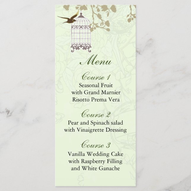 floral green bird cage, love birds Menu Cards (Front)