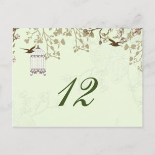 floral green bird cage, love birds table numbers postcard