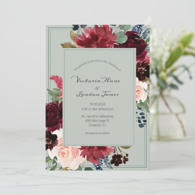 Floral Green Blush Elegant Script Wedding  Invitation (Standing Front)