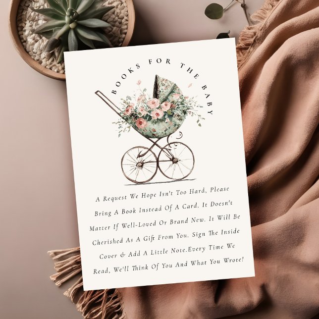 Floral Green Blush Stroller Books For Baby Shower Enclosure Card (Creator Uploaded)