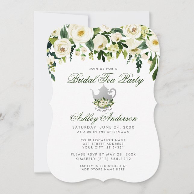 Floral Green Bridal Tea Party Silver Invite (Front)
