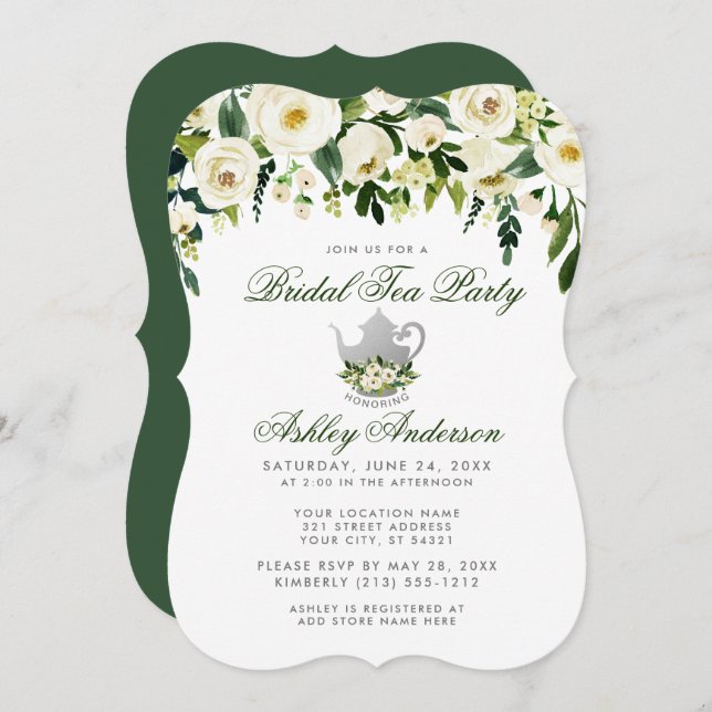 Floral Green Bridal Tea Party Silver Invite GB (Front/Back)