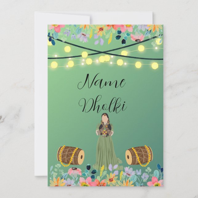 Floral green Dholki night invitation  (Front)