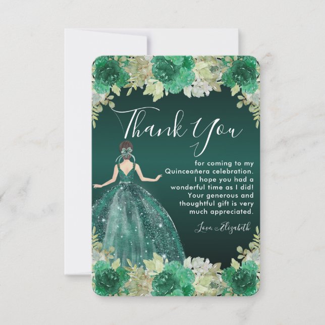 Floral Green Dress Birthday Quinceanera Thank You Card (Front)