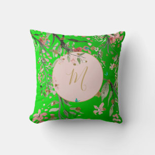 Floral Green Elegant Pink Gold Chinoiserie Cushion