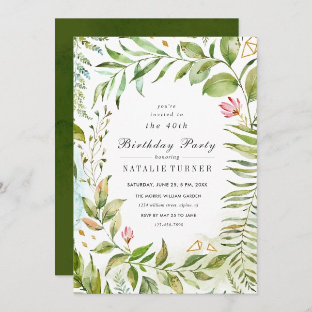 Floral Green Foliage Birthday Party Invitation (Front/Back)
