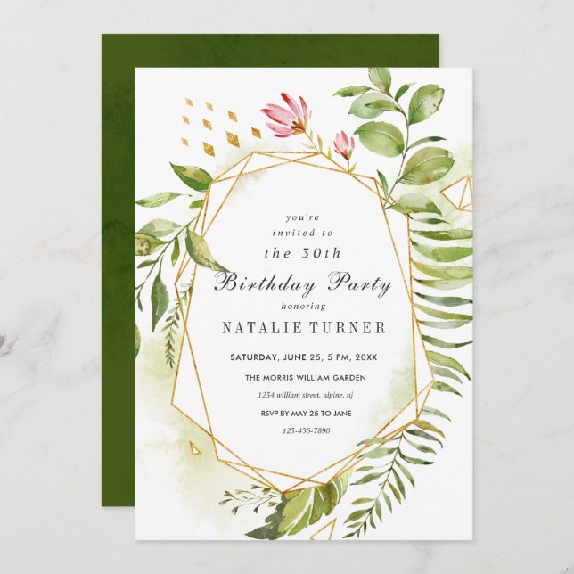Floral Green Foliage Birthday Party Invitation (Front/Back)