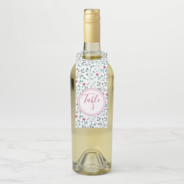 Floral & Green Foliage Pattern | Table Number Bottle Tag (On Bottle)