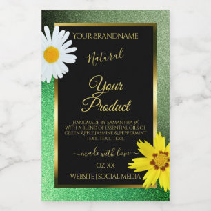 Floral Green Glitter Black and Gold Product Labels