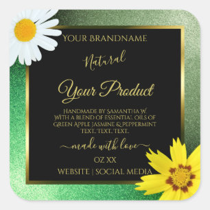 Floral Green Glitter Black and Gold Product Labels