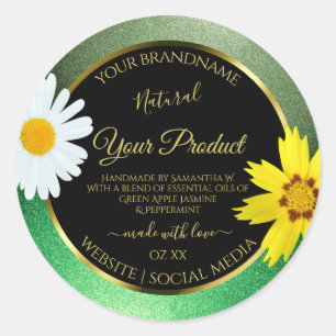Floral Green Glitter Black and Gold Product Labels