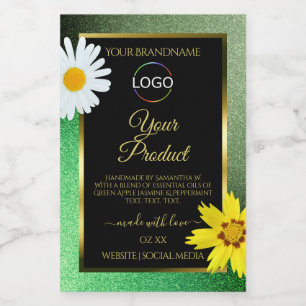 Floral Green Glitter Black Gold Product Label Logo