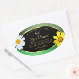 Floral Green Glitter Black Gold Product Label Logo
