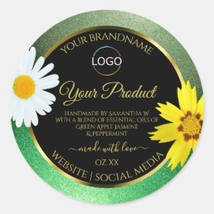 Floral Green Glitter Black Gold Product Label Logo