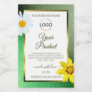 Floral Green Glitter White Gold Product Label Logo