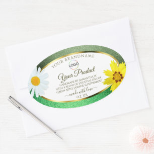 Floral Green Glitter White Gold Product Label Logo