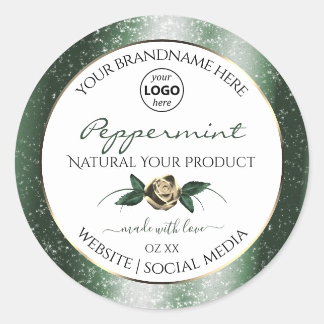 Floral Green Gold Frame White Product Labels Logo (Front)