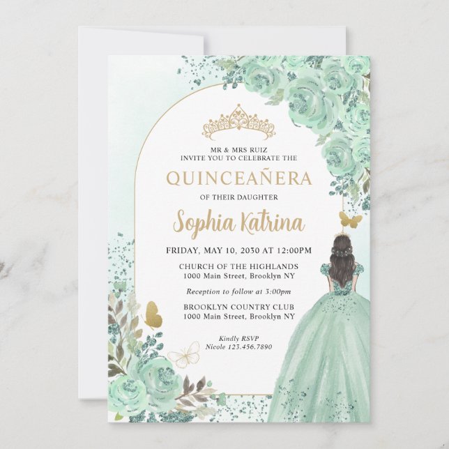 Floral Green Gold Princess Birthday Quinceanera Invitation (Front)
