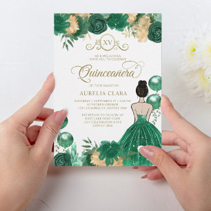 Floral Green Gold Princess XV Quinceañera Birthday Invitation