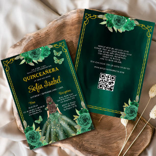 Floral Green Gown Dress QR Code Quinceanera Invitation