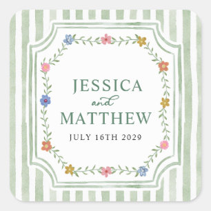 Floral Green Lines Square Sticker
