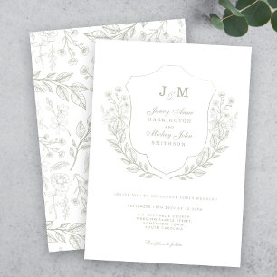 Floral Green Monogram Crest Wedding Invitation