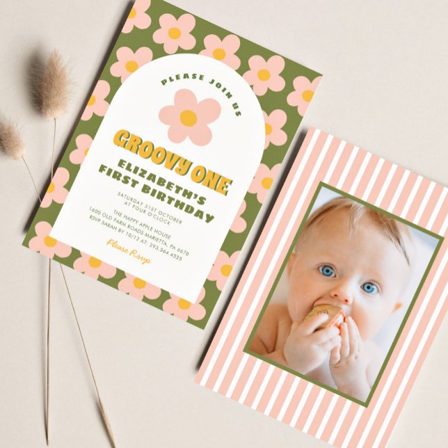 Floral Green pink Groovy One Baby First Birthday  Invitation (Creator Uploaded)