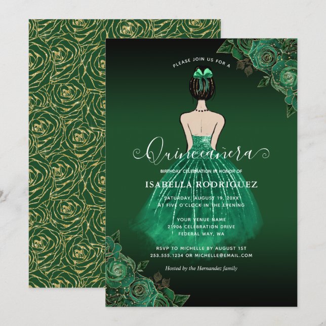 Floral Green Princess Gold Birthday Quinceañera Invitation (Front/Back)