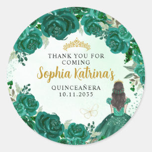 Floral Green Princess Quinceanera Birthday Favour Classic Round Sticker