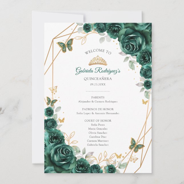 Floral Green Quinceanera Order of Events Program (Front)