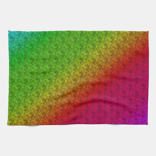 Floral Green Red Rainbow Gradient Diagonal Blend Tea Towel (Horizontal)
