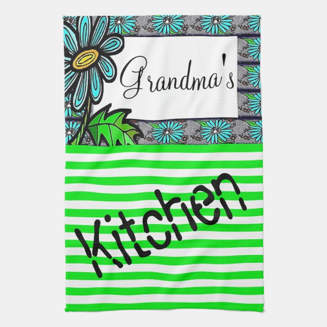 Floral Green Stripe Kitchen Hand Towel (Vertical)
