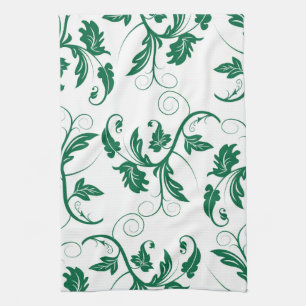 Floral Green Swirl Vine Pattern Tea Towel