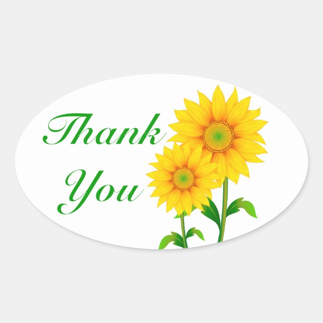 Floral Green Thank You Yellow Sunflower Flower Oval Sticker (Front)