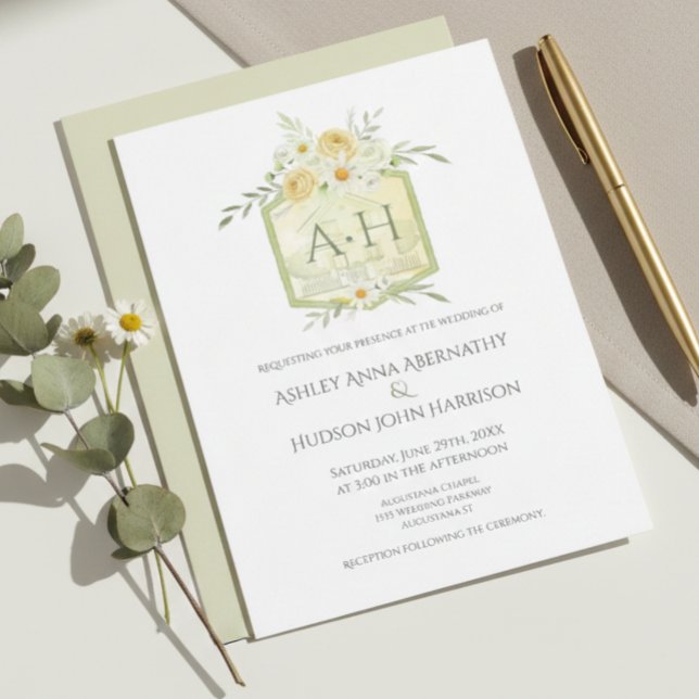 Floral Green Watercolor Monogram Crest Wedding  Invitation (Creator Uploaded)