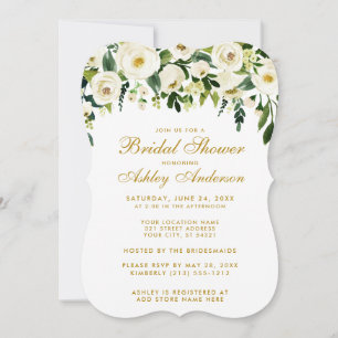 Floral Green White Gold Bridal Shower Invite BR