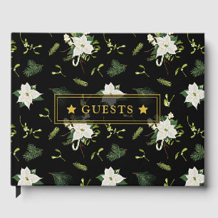 Floral Green White Pattern on Black Elegant Guest Book