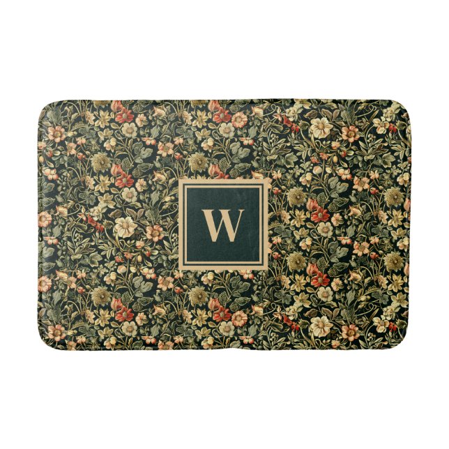 Floral Green William Morris Inspired Monogram Bath Mat (Front)