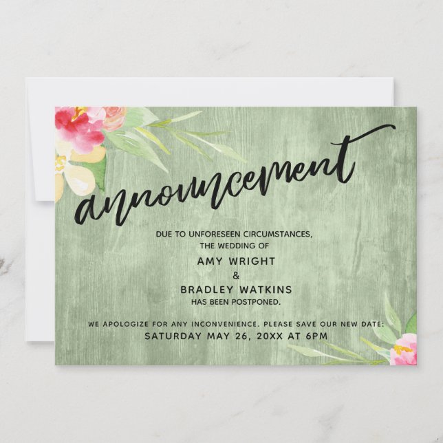 Floral Green Wood "Announcement" Postponed Wedding Invitation (Front)