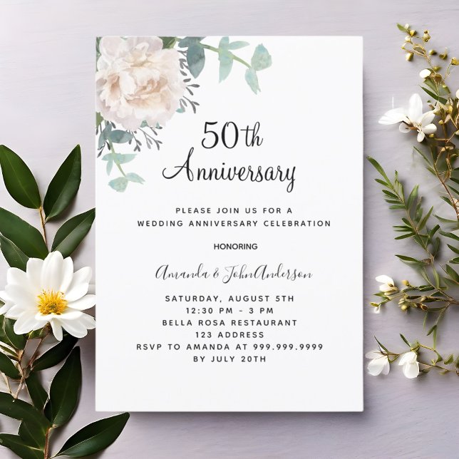 Floral greenery 50th wedding anniversary invitation (Creator Uploaded)