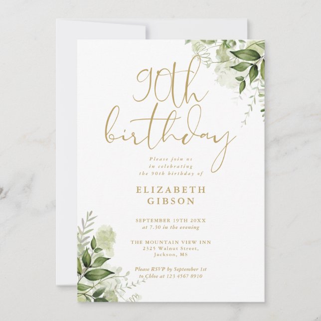 Floral Greenery 90th Birthday Party Invitation (Front)