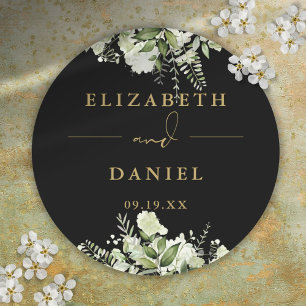 Floral Greenery Black And Gold Wedding Favour Classic Round Sticker