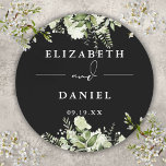 Floral Greenery Black And White Wedding Favour Classic Round Sticker<br><div class="desc">Elegant black and white floral greenery sticker personalised with your names and special date. Designed by Thisisnotme©</div>