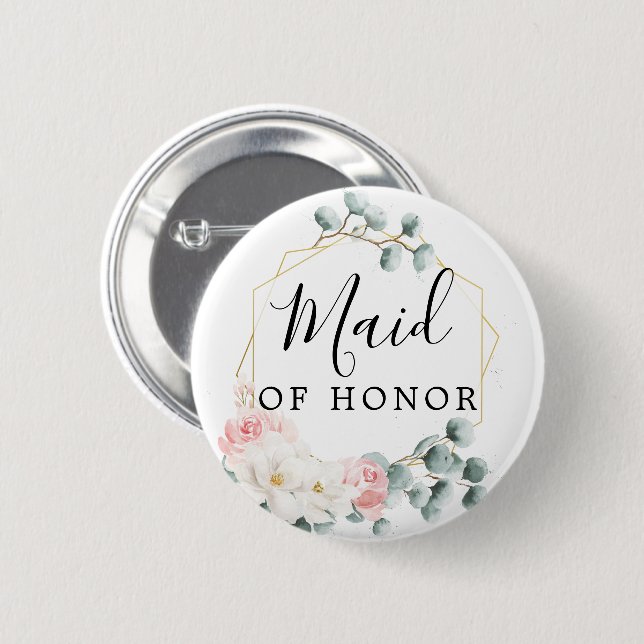 Floral Greenery Bridal Party Button - Maid (Front & Back)