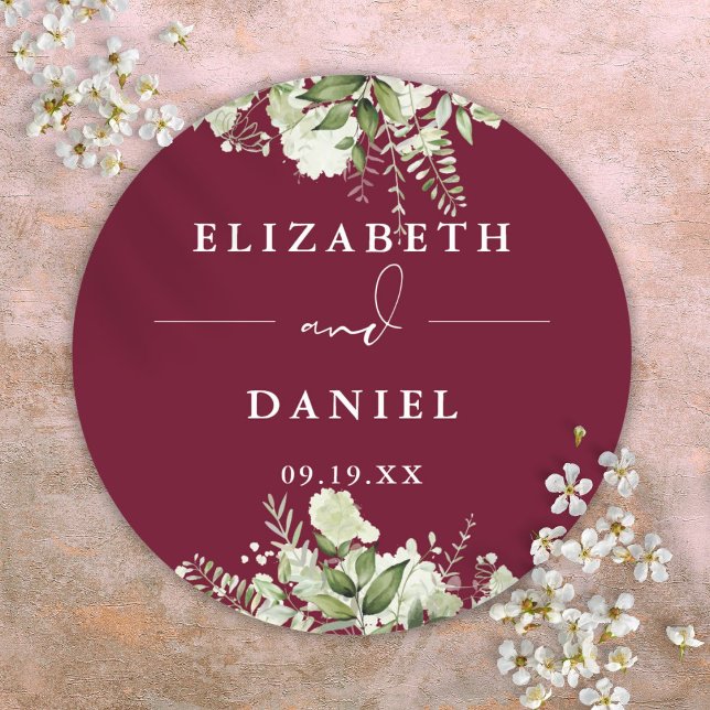 Floral Greenery Burgundy Wedding Favor Classic Round Sticker (Floral Greenery Burgundy Wedding Favor Classic Round Sticker)