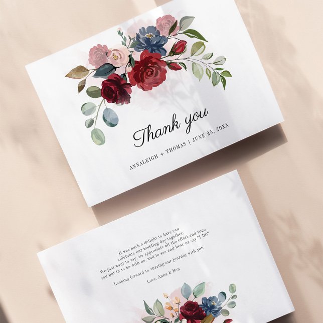 Floral Greenery Burgundy Wedding Thank You Card (Creator Uploaded)