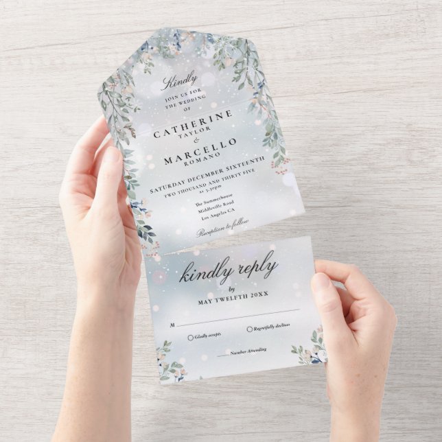 Floral Greenery Cascade Elegant Winter Wedding All In One Invitation (Tearaway)