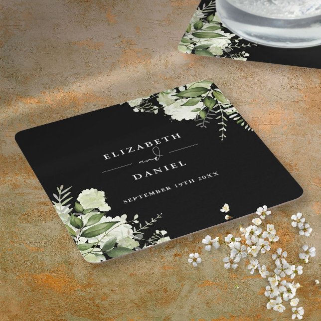 Floral Greenery Elegant Black And White Wedding Square Paper Coaster (Floral Greenery Elegant Black And White Wedding Square Paper Coaster)