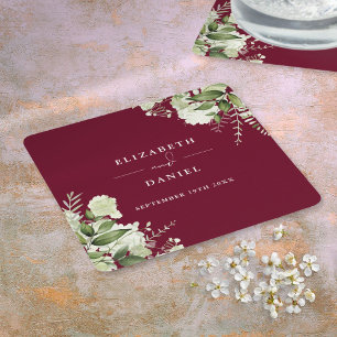 Floral Greenery Elegant Burgundy Wedding Square Paper Coaster